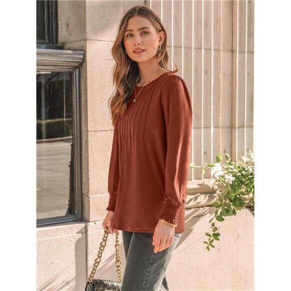 Long Sleeve Shirts Womens Pleated Business Casual Blouses with Smocked - Picture 3 of 16